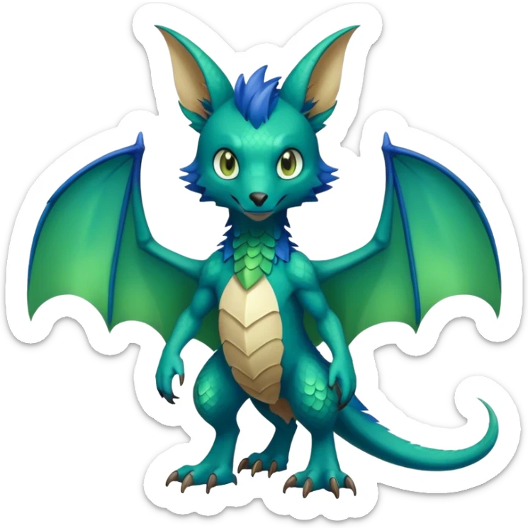 Cute cool fantasy animal hybrid bat-Sergal-Digimon-Fakemon full body, green scales, brown eyes, blue feathers sticker