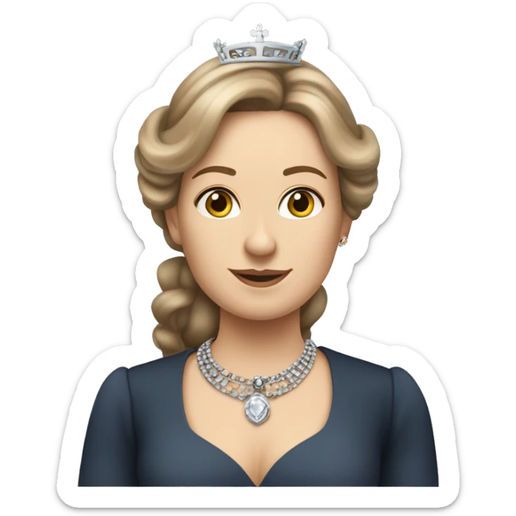 Modern day Queen Victoria with light brown hair who works at an insurance firm as an administrator wearing silver jewelry and hs tattoos sticker