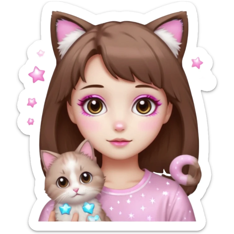 kawaii soft girl, short brown hair, pink makeup, skincare, sparkles, two fluffy light brown ragdoll cats, pink soft girl aesthetic sticker
