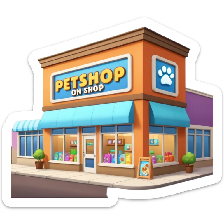 Modern building of a pet shop with a big glowing sign that says PETSHOP on the front. Colorful storefront, large windows showing pet products inside, cute animal illustrations on the walls, warm and friendly atmosphere, daytime, high-quality detailed render sticker