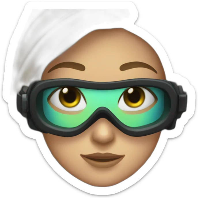 woman with black scubadiving gear with fins, in her face green and blue eyes sticker