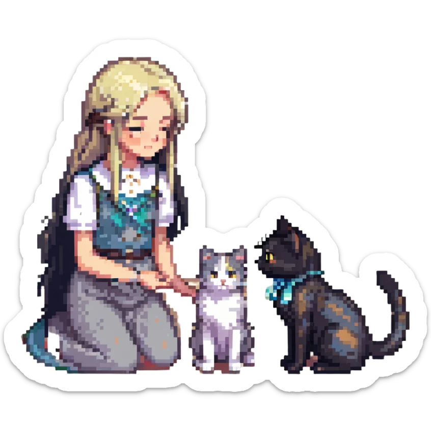 beautiful girl with long black hair petting a gray and blonde mixed cat, girl and cat looking at each other, pixel art style sticker