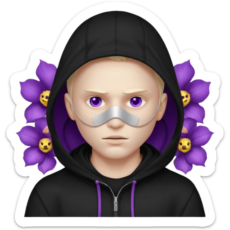 non human male cartoon character related to a shadow, with all black clothes, focusing a black hoodie, and a black versace face mask covering his entire face, just his purple shadow eyes making a light bloom sticker