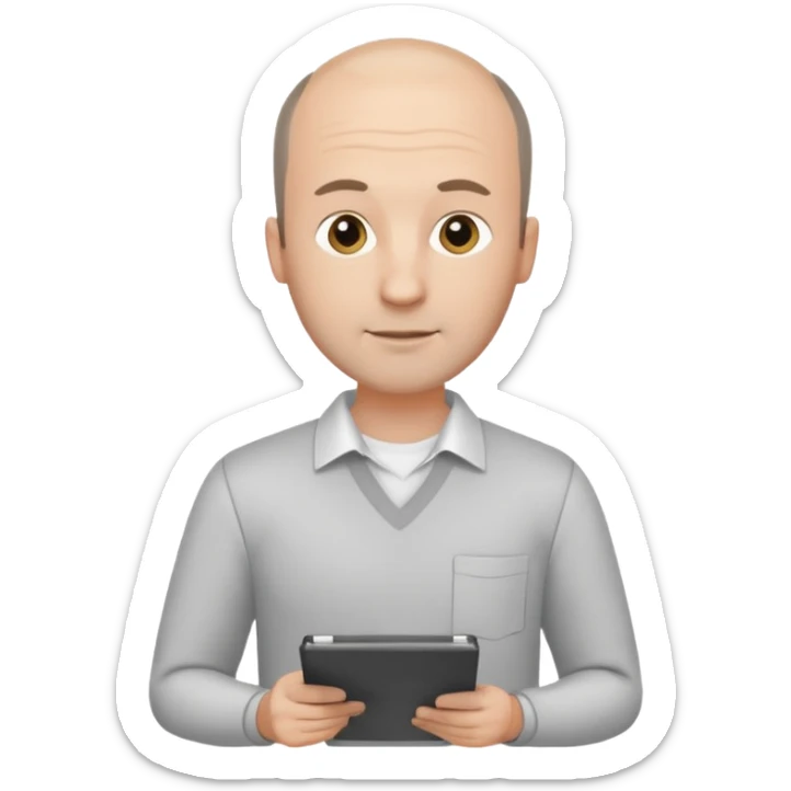 man mid 30's shirt and trousers balding hairline standing holding a clipboard sticker