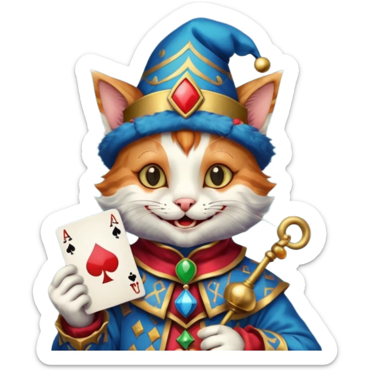 crazy colorful cute little cat jolly joker from poker, medieval, vintage, court jester, mac os icon, blue color, holds an ace poker card (clearly detailed and precise) sticker