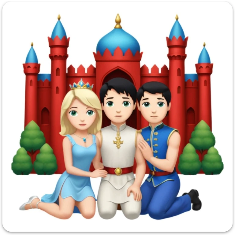 Man as prince, black Hair, blue eyes, woman, blonde, green eyes, shott white sleveless Dress, kneeling, background palace sticker
