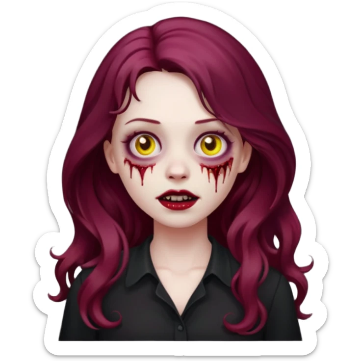 Faça me um emoji de um zumbi mulher de cabelos vermelho borgonha longos ondulado usando uma blusa preta, faça no estilo iphone sticker