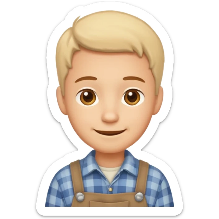 A calm, friendly male cartoon character with light skin, simple farm clothes, warm smile, stylized as a cute, readable emoji icon with soft earthy color sticker