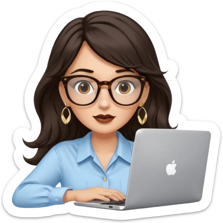 A white woman with long wavy dark brown hair and a whispy bang, wearing thick tortoise SQUARE glasses, gold drop earrings. She has long lashes and a nude browny glossy lipstick. She's wearing an oversize light blue shirt with white vertical strips. She's working on a laptop sticker