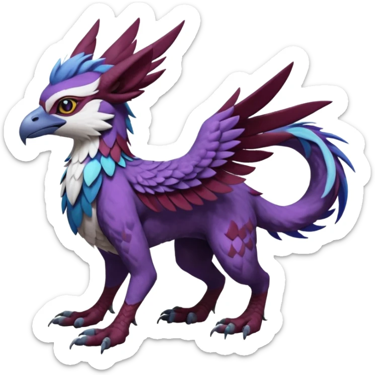 Feral Rare realistic edgy burgundy-purple pretty beautiful handsome gorgeous aesthetic colorful vibrant Vernid-Trico-Silvally-Nargacuga-Gryphon-fusion-hybrid-species-Fakemon-creature by LiLaiRa, random markings, tufted ears, full body sticker