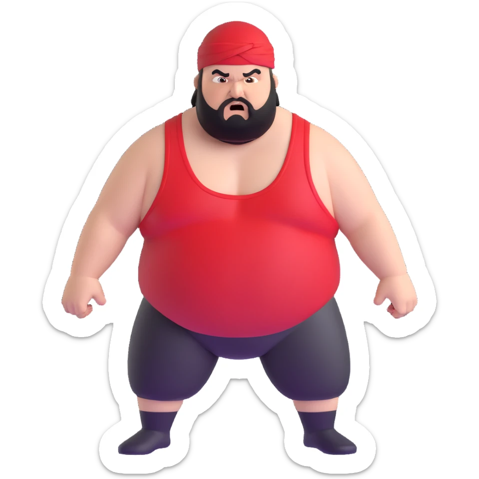 Extreme close-up of face of morbidly obese white skin guy with young face, prominent BLACK DURAG tied clearly on head, black beard but no mustache, clean shaven upper lip, black eyes in a red and black wrestling singlet with angry expression sticker