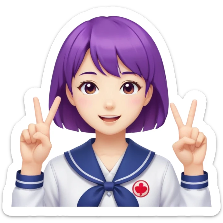 Energetic anime girl with short purple hair wearing Japanese sailor style school uniform, winking and making double peace signs, very cheerful and bubbly, kawaii style sticker