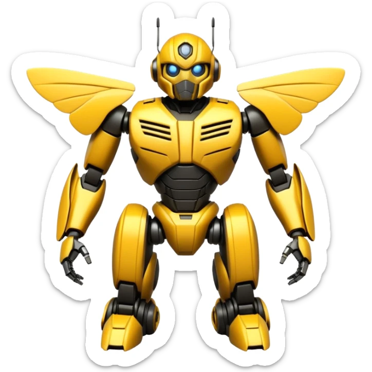Futuristic robotic bumblebee character in the exact style of Bumblebee from Transformers movies, highly detailed 3D model sticker