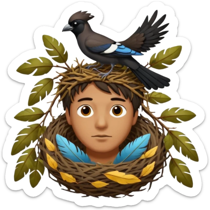 A man who has a magpie birds nest on top of his head for hair sticker
