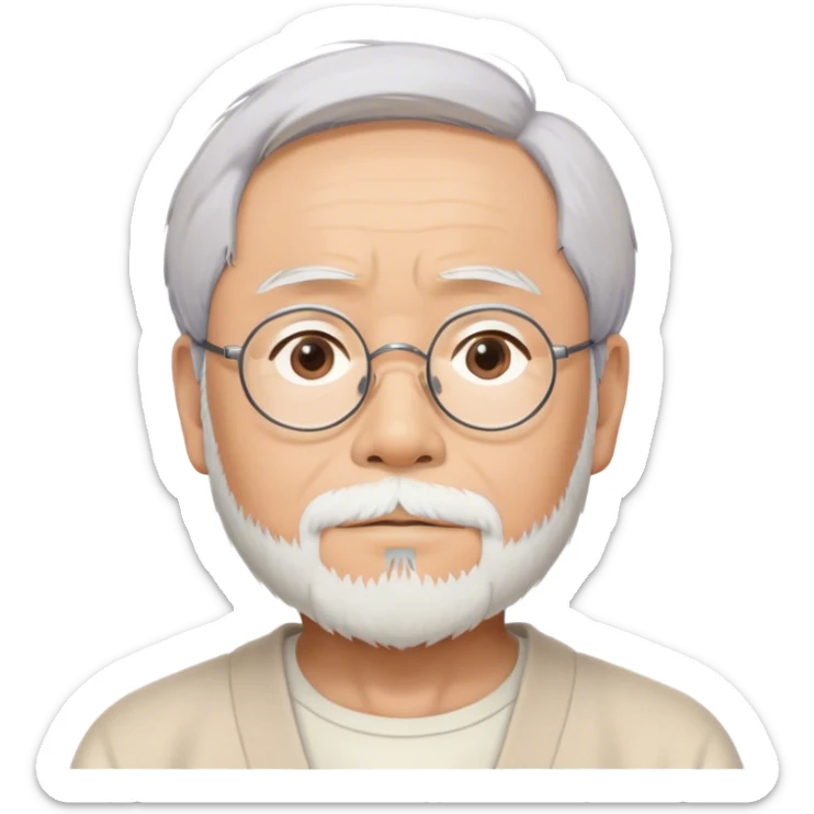 Cinematic Realistic Hayao Miyazaki Portrait Emoji, depicted as a visionary filmmaker with a gentle imaginative expression and artistic flair, rendered with delicate textures and soft enchanting lighting that captures his legendary storytelling. sticker