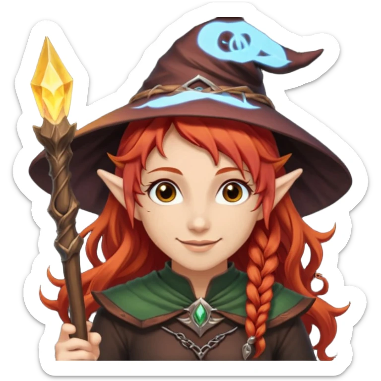 Bruxa meio elfa, ruivo forte (acobreado puxado pro castanho escuro) olhos escuros, e sorrindo 🧝🏻‍♀️ nesaa pegada desse emoji ai, e branca não muito branca tbm sticker