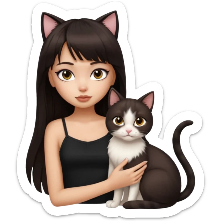 generate a pretty bratz girl in black cami top, dark brown straight long hair with bangs, eyeliner on, cuddling a cat sticker