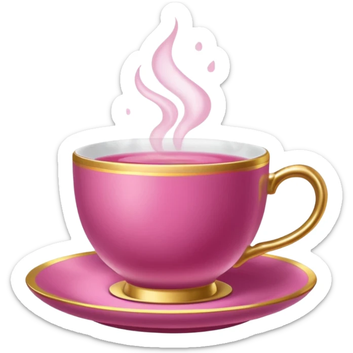 dark pink teacup, placed on a matching pink saucer, with gentle steam rising from the cup, golden details sticker
