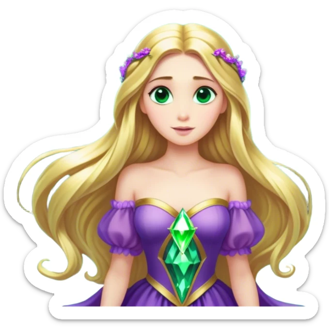 Cinematic Stunning Rapunzel Portrait Emoji, Golden hair cascading in a luminous waterfall, big emerald-green eyes full of wonder, wearing her iconic purple gown, radiating beauty and magic, glowing with fairy-tale charm! sticker