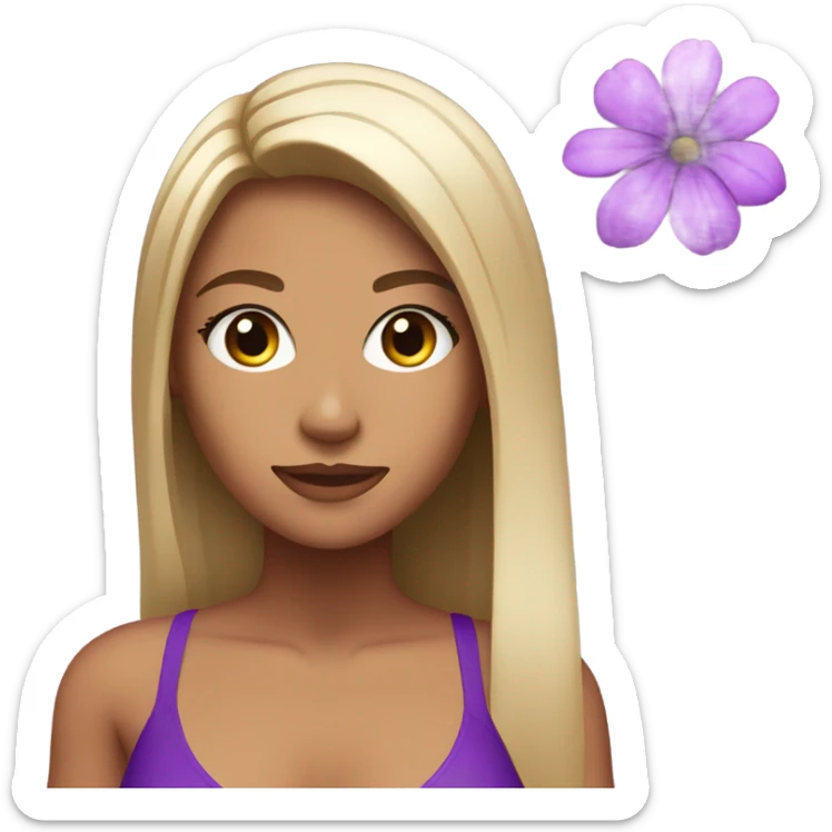 Girl with straight hair and brown eyes super tan in a purple bikini with a purple flower in her hair sticker