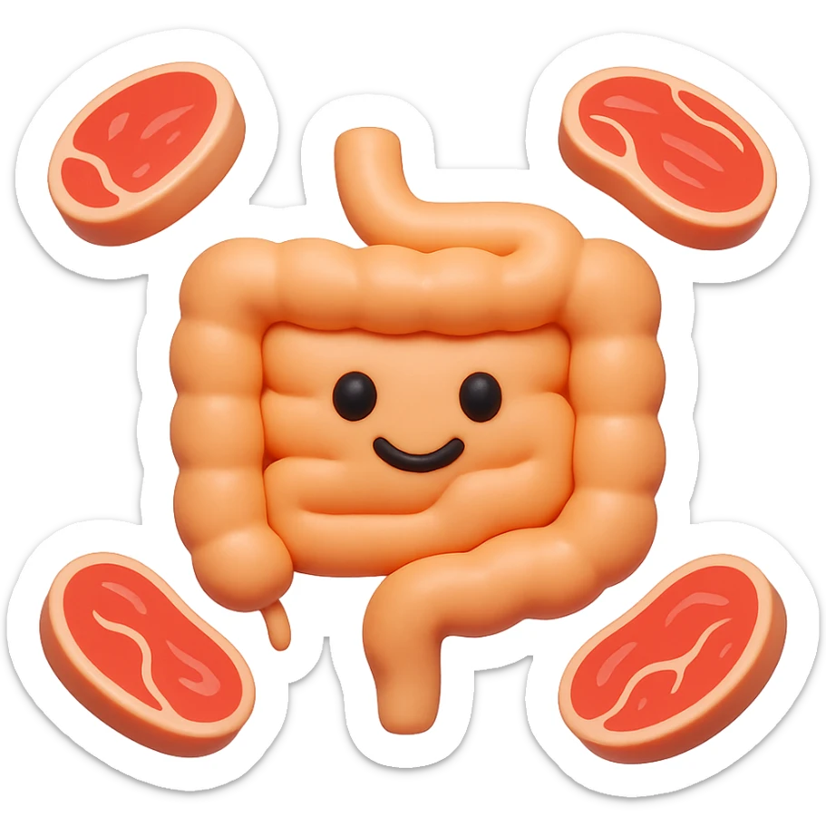 emoji stile iphone in 3d di un intestino con fette di carne che gli fluttuano intorno sticker