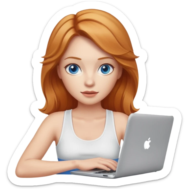 Strawberry blonde woman with blue eyes and white tank and  laptop sticker