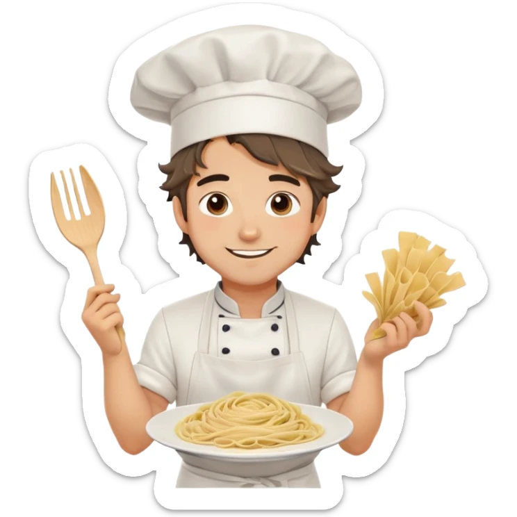 Attractive chef boyfriend with messy apron, tousled hair, playful smile, holding a plate of pasta, flour on cheeks, romantic sticker