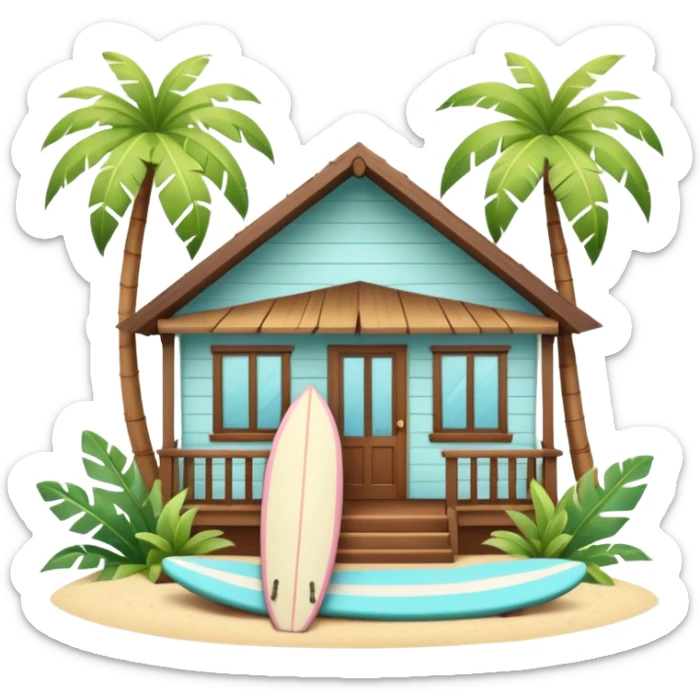 Hawaiian bungalow house, pastel colors, wooden porch, surfboard leaning on wall, palm leaves, tropical vibe, cute mobile game icon style, 3D cartoon, clean background, no text
 sticker