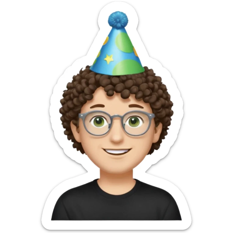 A white guy with curly brown hair and green eyes with a happy face, and wear square black glasses.He’s also got a full silver birthday party hat on his head with blue pom poms on top of it, and his T-shirt is all black, he wears a little gold circle earrings on his left  sticker