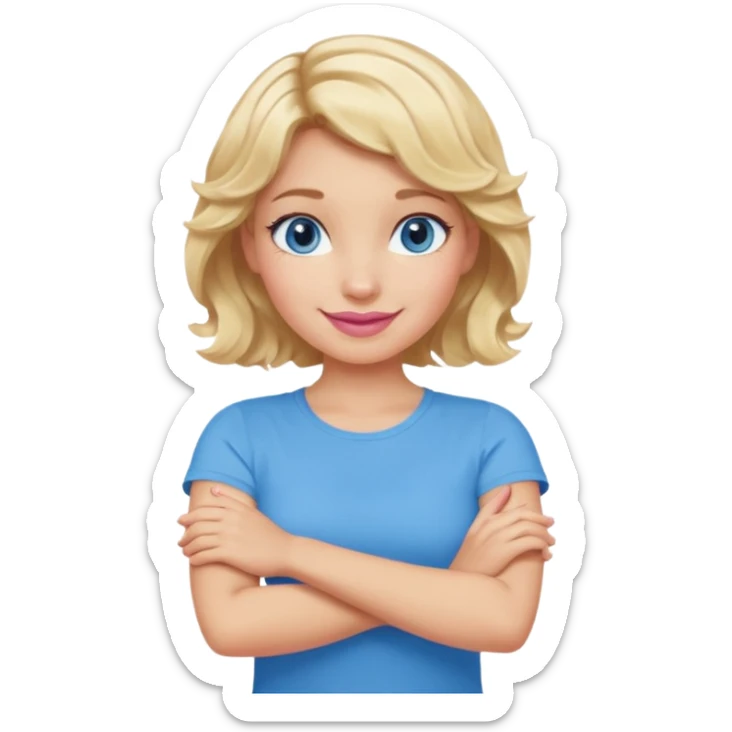 Girl Blonde short wavy hair,  blue eyes, cute blue top, long lashes, pink lips, smiling, making cross arms with arms  sticker