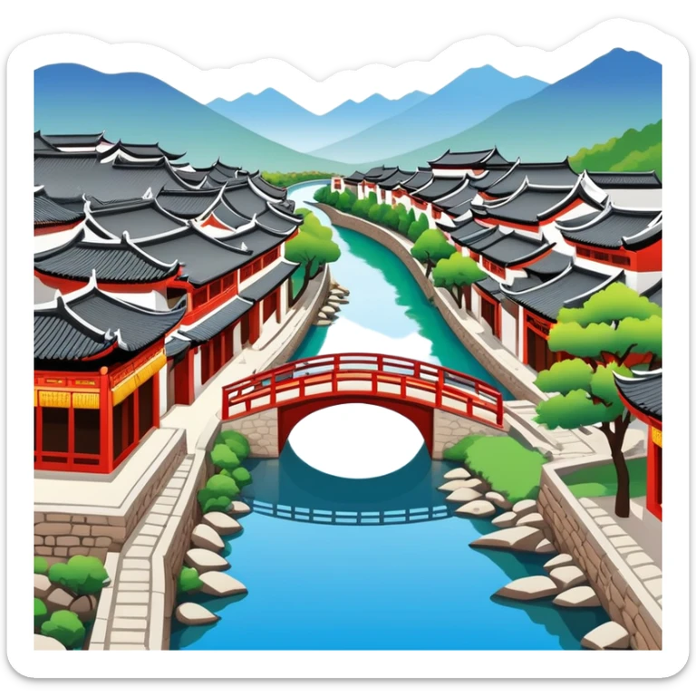 Lijiang Ancient Town Yunnan with canals and bridges, simplified emoji style with bold outlines and bright colors, cartoon style traditional Chinese old town sticker