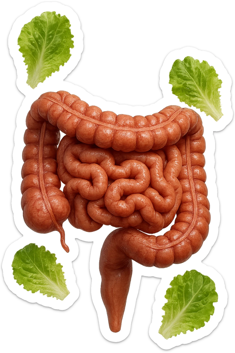 INTESTINO ANATOMICO UMANO REALISTICO INSIEME A FOGLIE DI INSALATA CHE FLUTTUANO IN ARIA, IPERREALISTICO 4K sticker