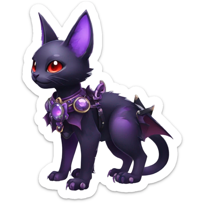 cool kawaii edgy evil black purple red ethereal fantasy beautiful elegant nargacuga-bat-cat-Fakemon wearing legs spats a collar harness with jewelries full body sticker