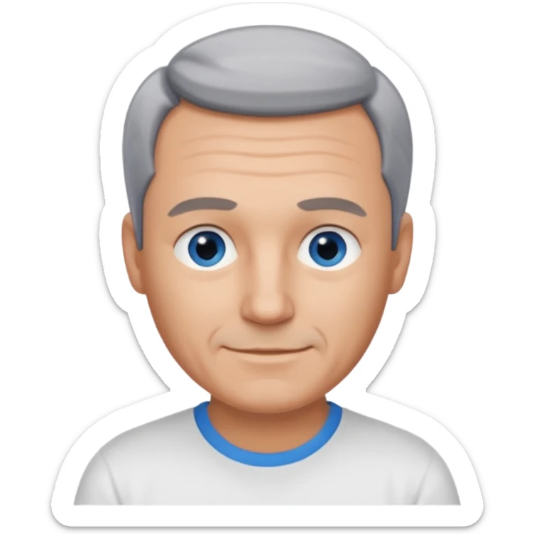 Middle aged man with tanned skin, little black to grey hair, receding hairline and no beard, blue eyes, shy smile sticker
