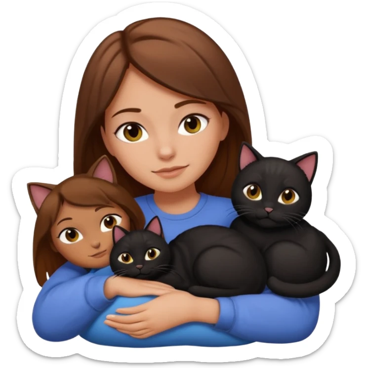 white girl with brown hair resting two black cats snuggled close emoji style sticker