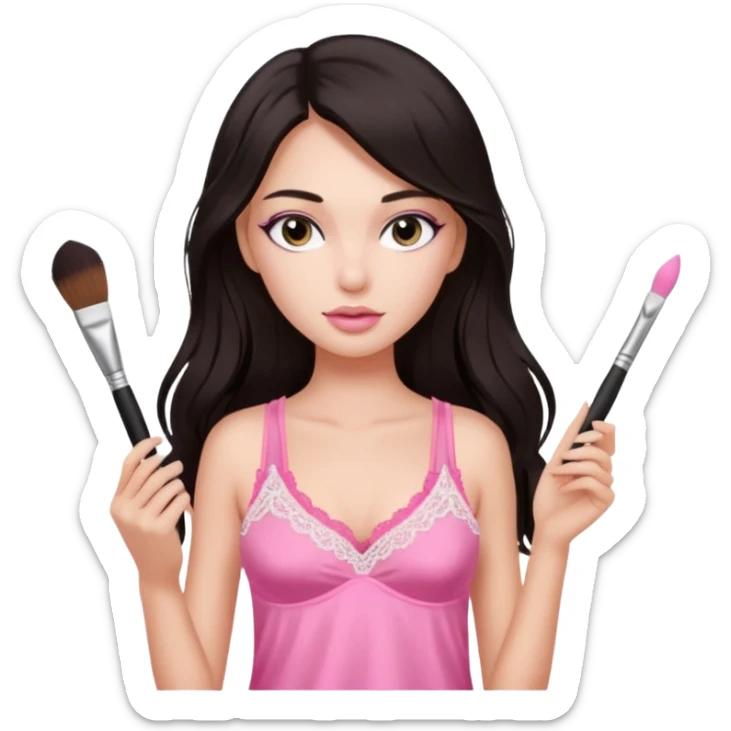 Dark long hair girl wearing pink victorias secret sleepwear that looks like a tank top with lace is holding a normal makeup brush. sticker