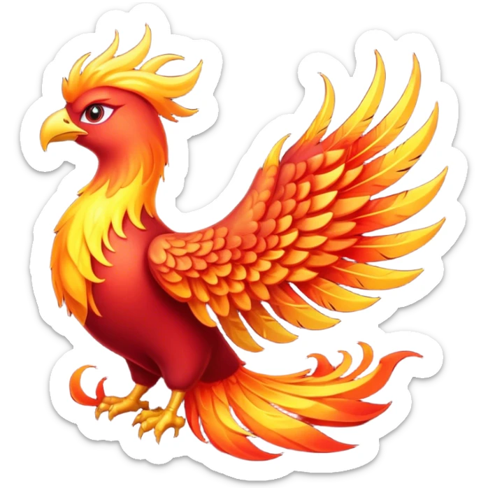 Cinematic Noble Mystical Fire Phoenix Portrait Emoji, Poised and resplendent, with a radiant, fiery plumage in brilliant hues of scarlet, gold, and ember, featuring elongated, elegant tail feathers that flow like molten lava, and piercing, wise eyes reflecting the eternal cycle of rebirth; rendered with lifelike texture and luminous natural highlights, high shine, majestic and awe-inspiring, styled with an aura of mythic resurgence, focused and regal, soft glowing outline, capturing the essence of a legendary phoenix rising from the flames with timeless grace! sticker
