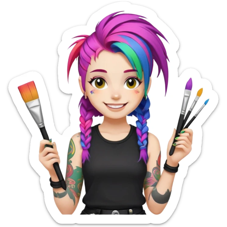 artist-girl with rainbow hair and brushes in black punk-clothing smiling sticker