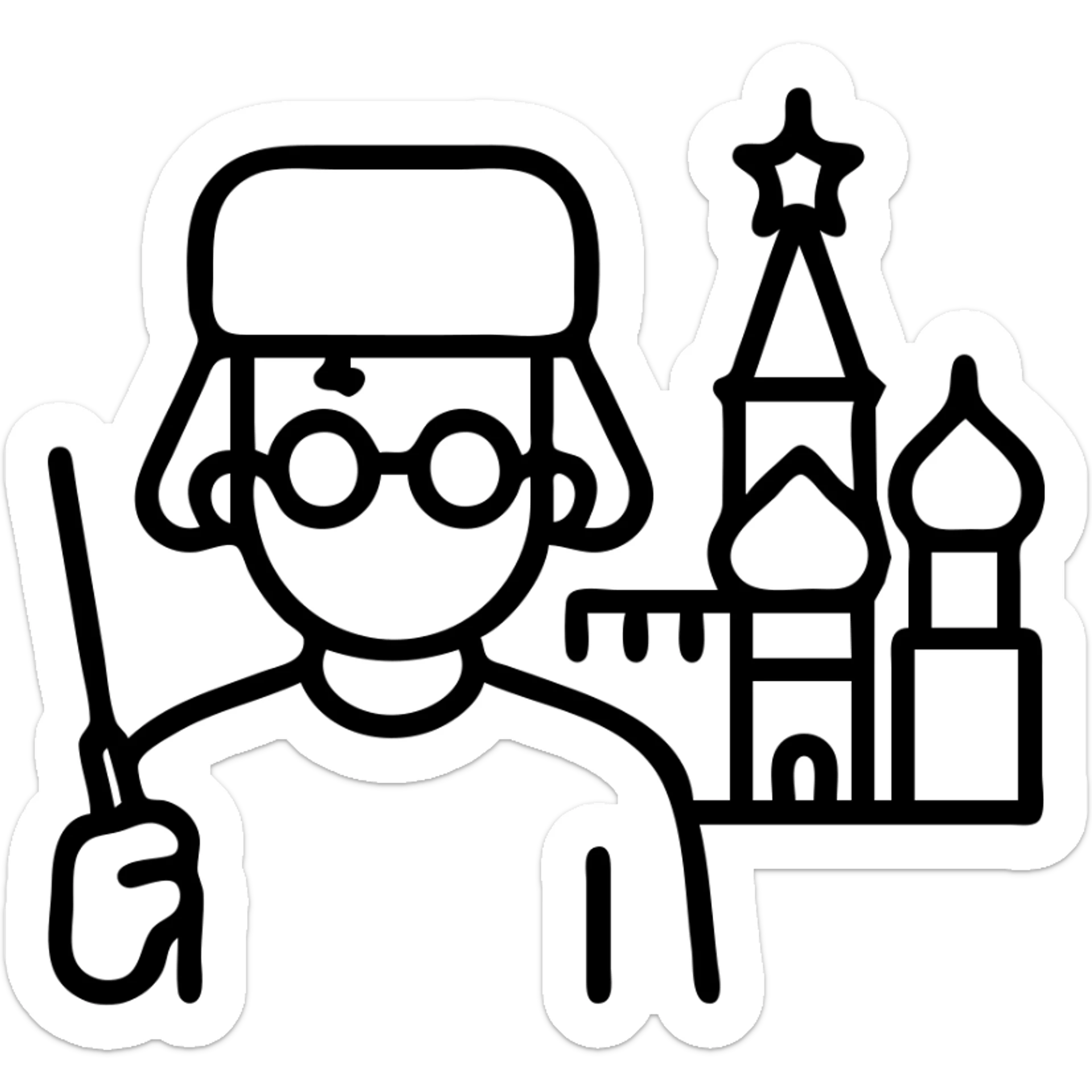 Harry Potter character with lightning scar, round glasses, holding wand, wearing ushanka Russian hat with Red Square in background sticker