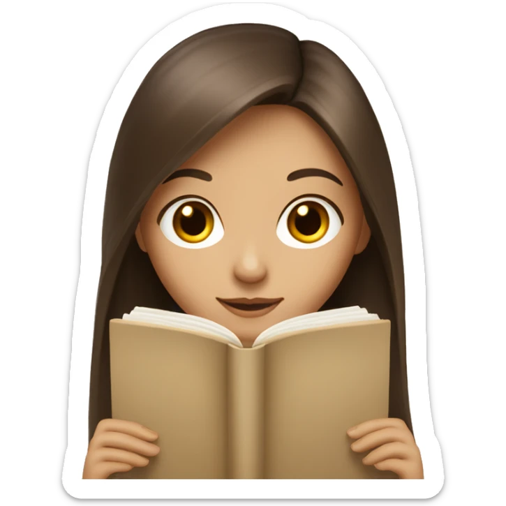 brunette long hair girl with beige soin and brown eyes reading book sticker