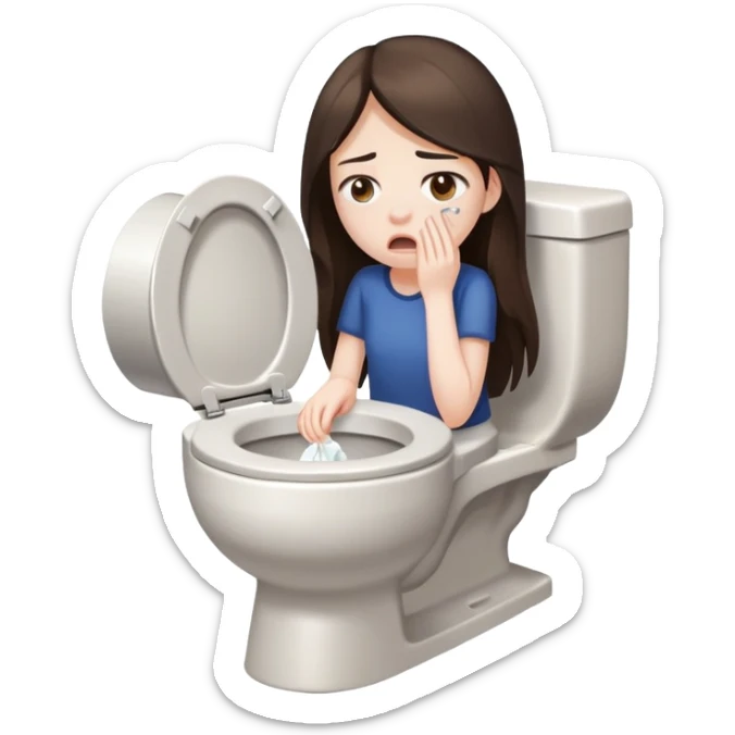 girl with long dark brown hair and pale skin hungover vomits into a toilet sticker