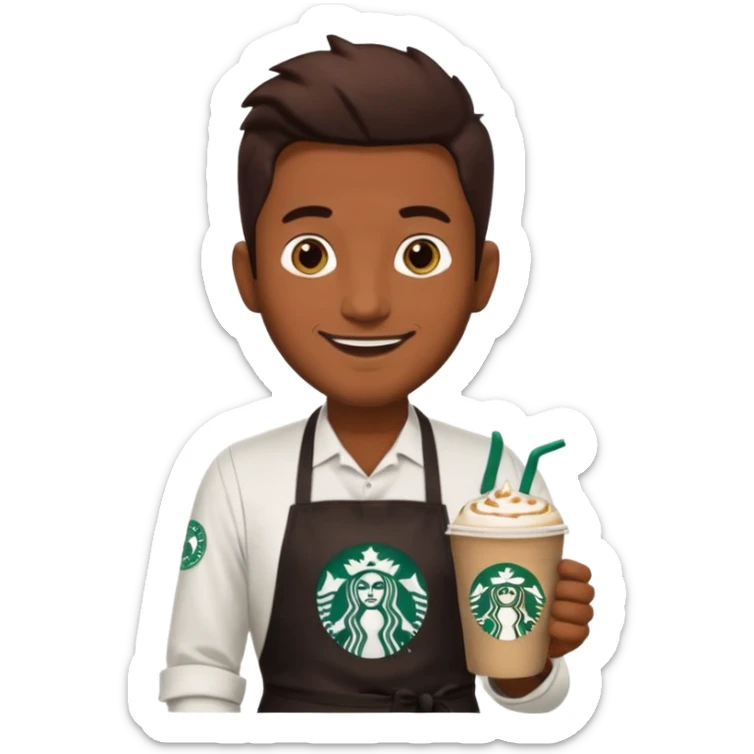 create a sticker of my male bangladeshi friend who is supervisor at starbucks plus coffemaster so black apron woth coffeemaster on it and starbucks logo sticker