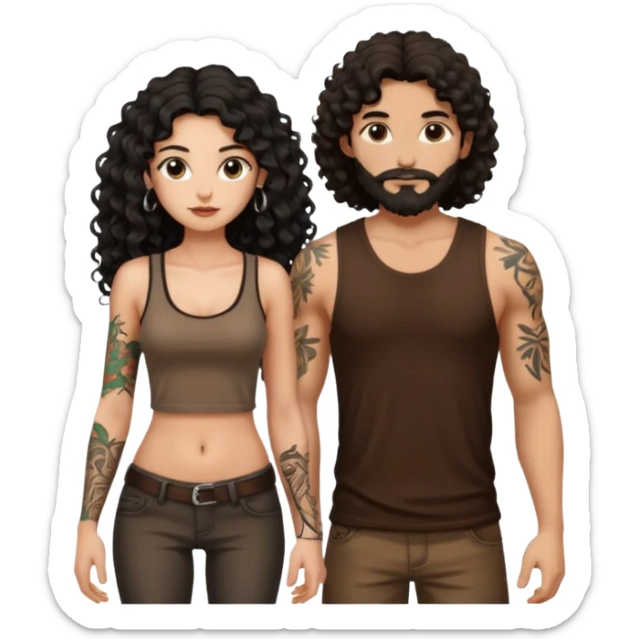 a pretty bratz fair girl with black long curly hair in a brown tank top with tattoos standing with a handsome tattooed tall guy sticker