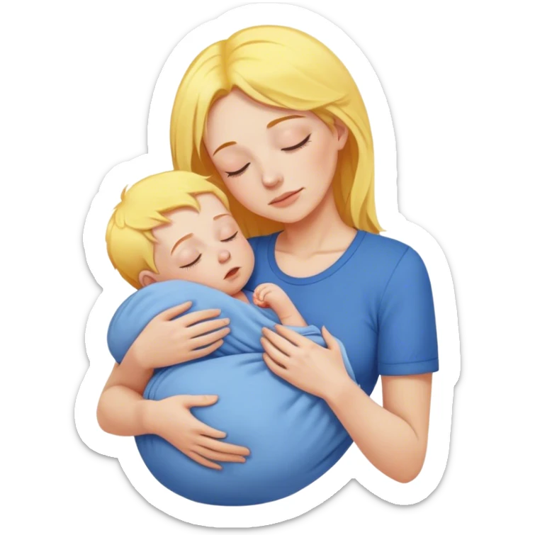Mother is holding a baby, the mother has yellow hair and pink clothes, the baby is sleeping in blue clothes sticker