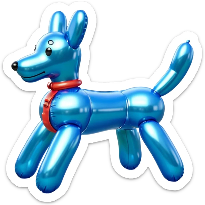 3D render of Balloon Dog made of shiny inflatable vinyl, visible seam lines, air valve, highly reflective plastic texture, pool toy aesthetic, Apple emoji style, isolated on white background --v 6.0 sticker