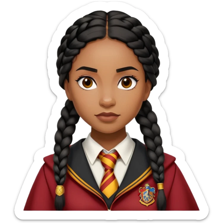 Angelina Johnson in harry potter, wear hogwarts gryfindor uniform,  thick, black hair worn in braids, reflecting her bold, stylish, and strong personality sticker