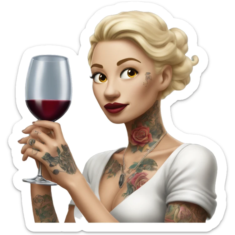 Blonde elegant women, her body covered with tattoos, wine in her one hand, pointing myself with her other hand , Hyper realistic sticker
