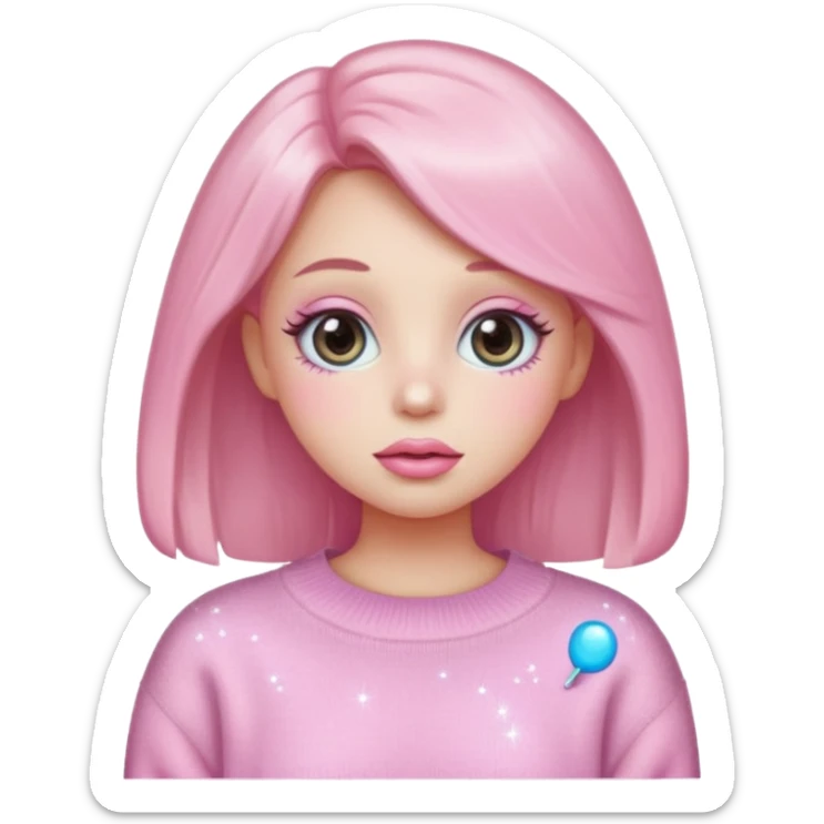 “Emoji girl, pastel pink blush, sparkly wide eyes, glossy bubblegum lips wearing oversized pastel sweater.” sticker