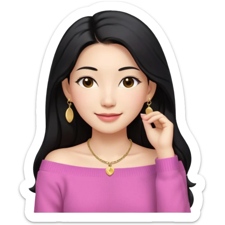 South Korean girl in her mid-thirties with long black hair parted in the middle. She is wearing a pink, off the shoulder long sleeve knit sweater, extra small gold earrings and a gold necklace. She has brown eyes with narrow, mono lid shape and smiling with lips together sticker