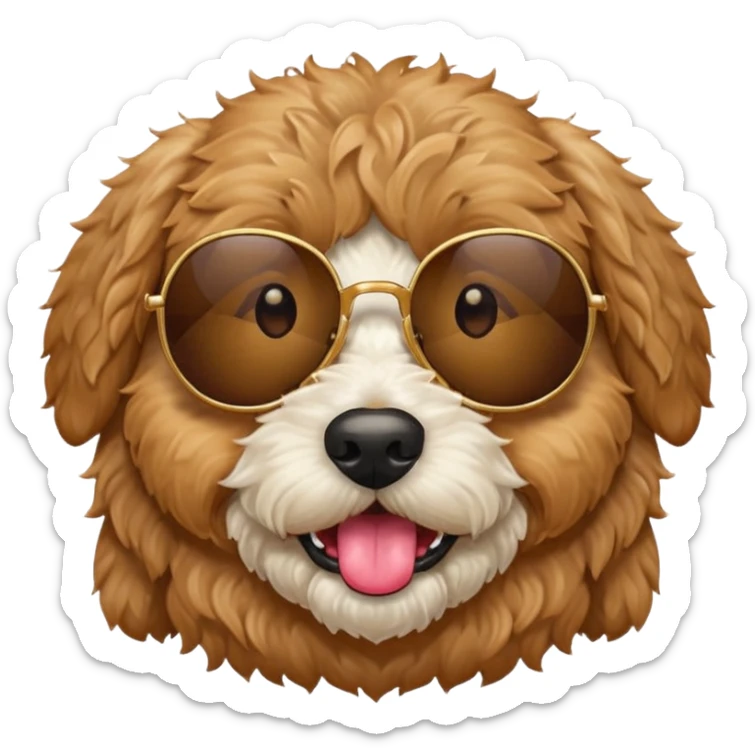 Create a  circle golden doodle dog with brown eyes emoji  sticking its tongue out with sunglasses on sticker